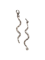 Pair of silver snake-shaped earrings on a white background