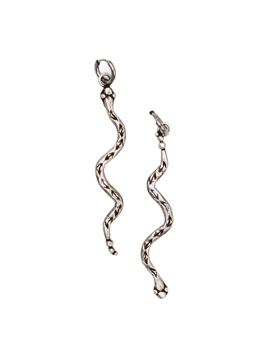 Pair of silver snake-shaped earrings on a white background
