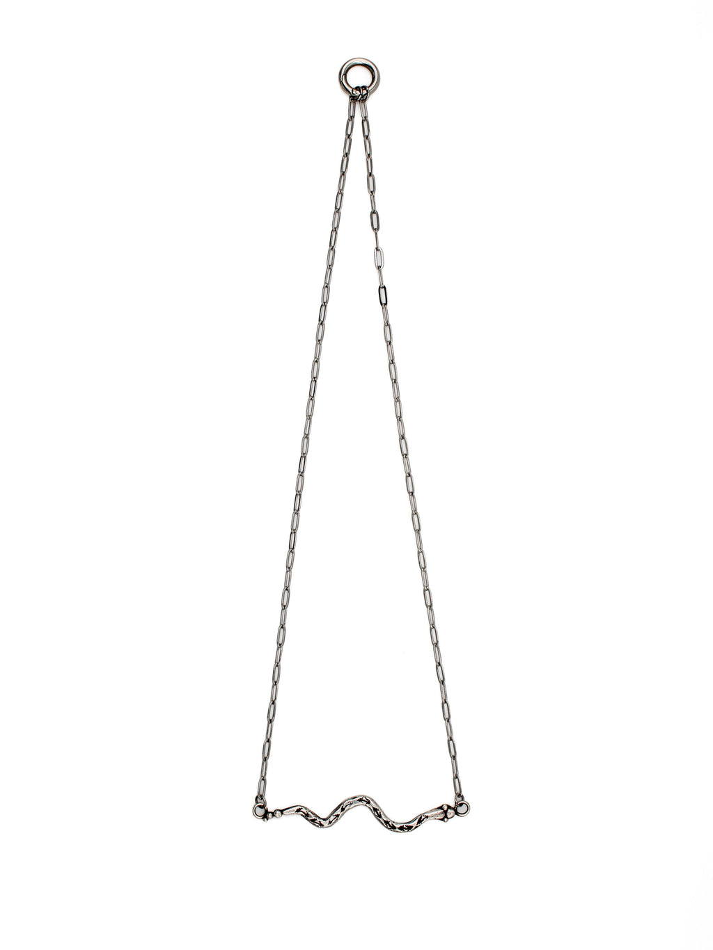 Silver snake necklace on a white background
