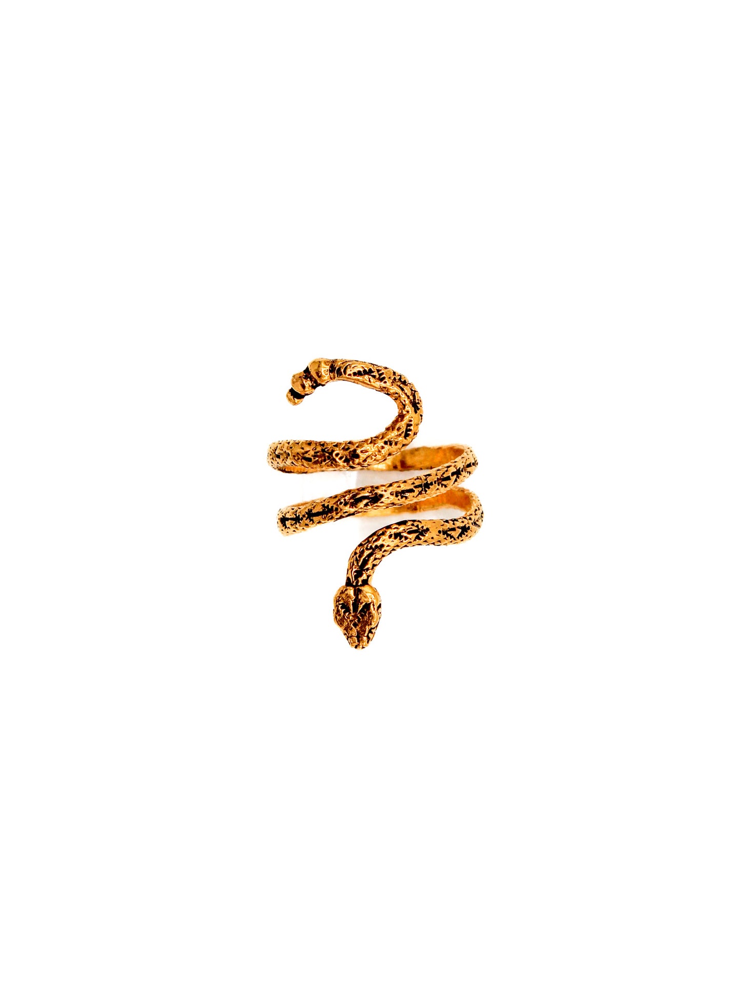 Gold snake-shaped ring on a white background