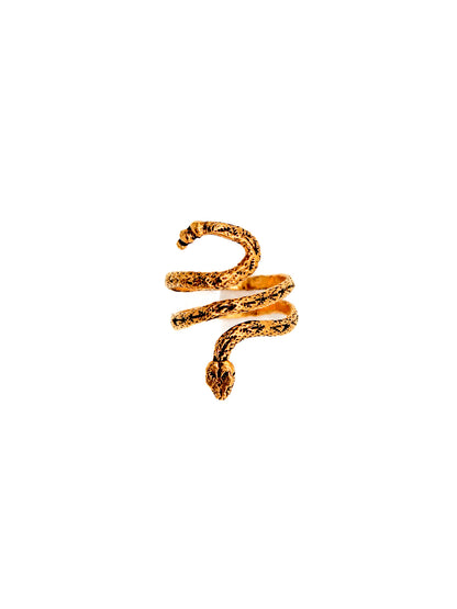 Gold snake-shaped ring on a white background