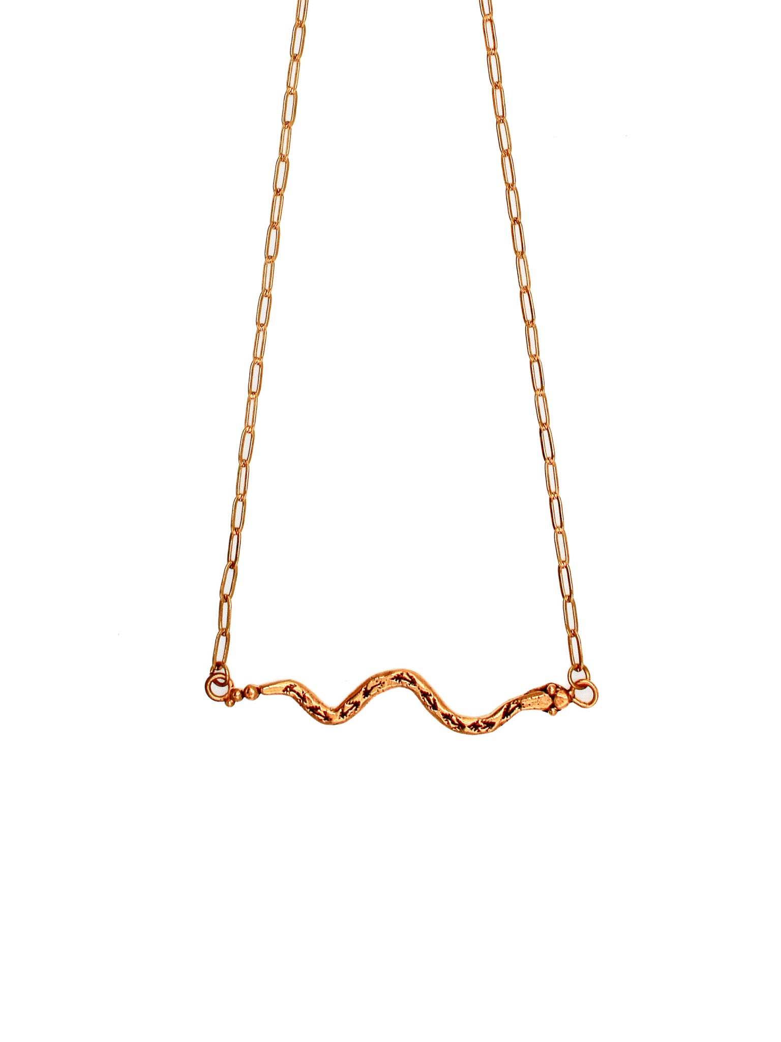 Gold necklace with a wavy design on a white background