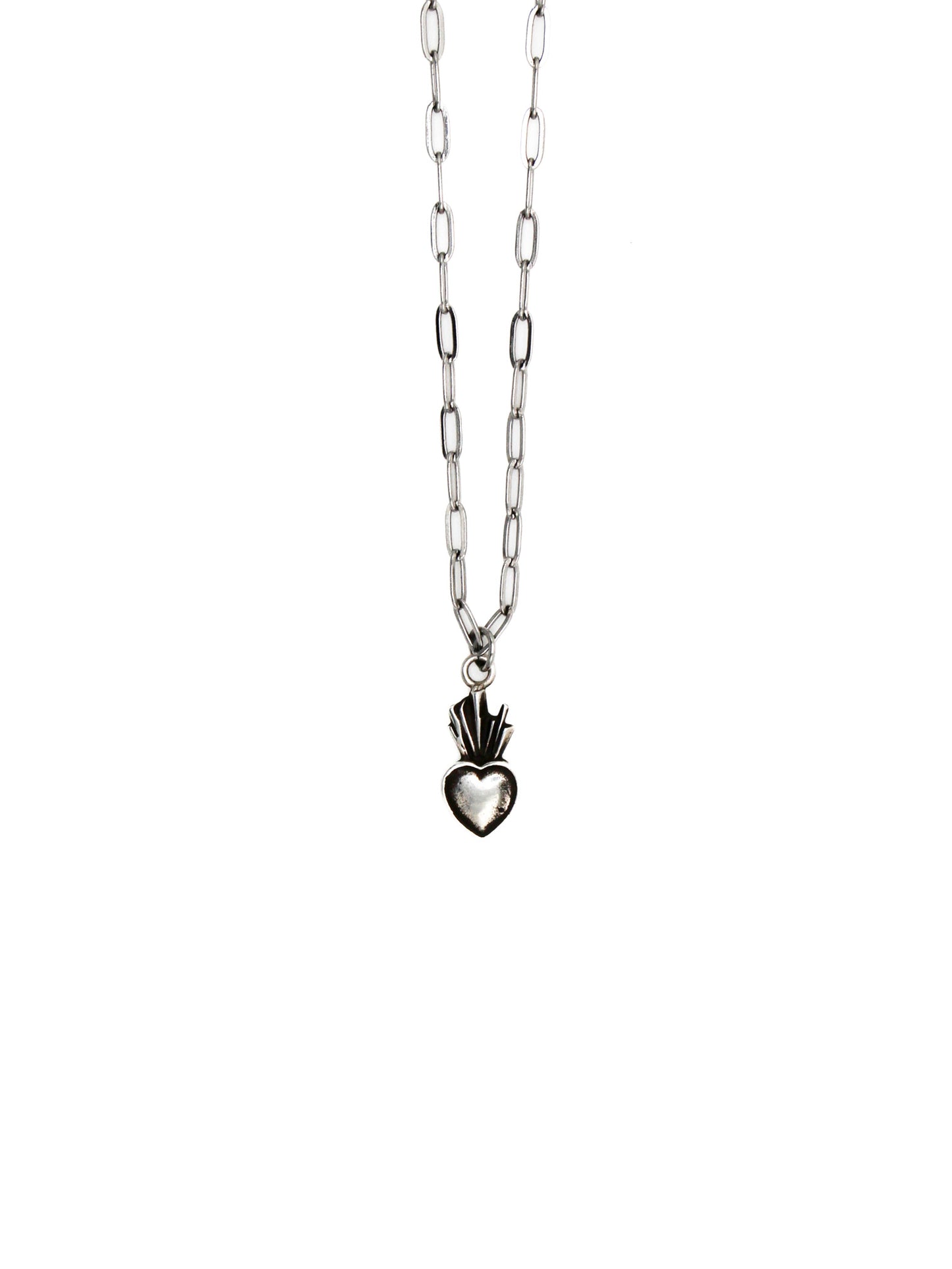 Silver necklace with a heart-shaped pendant on a white background