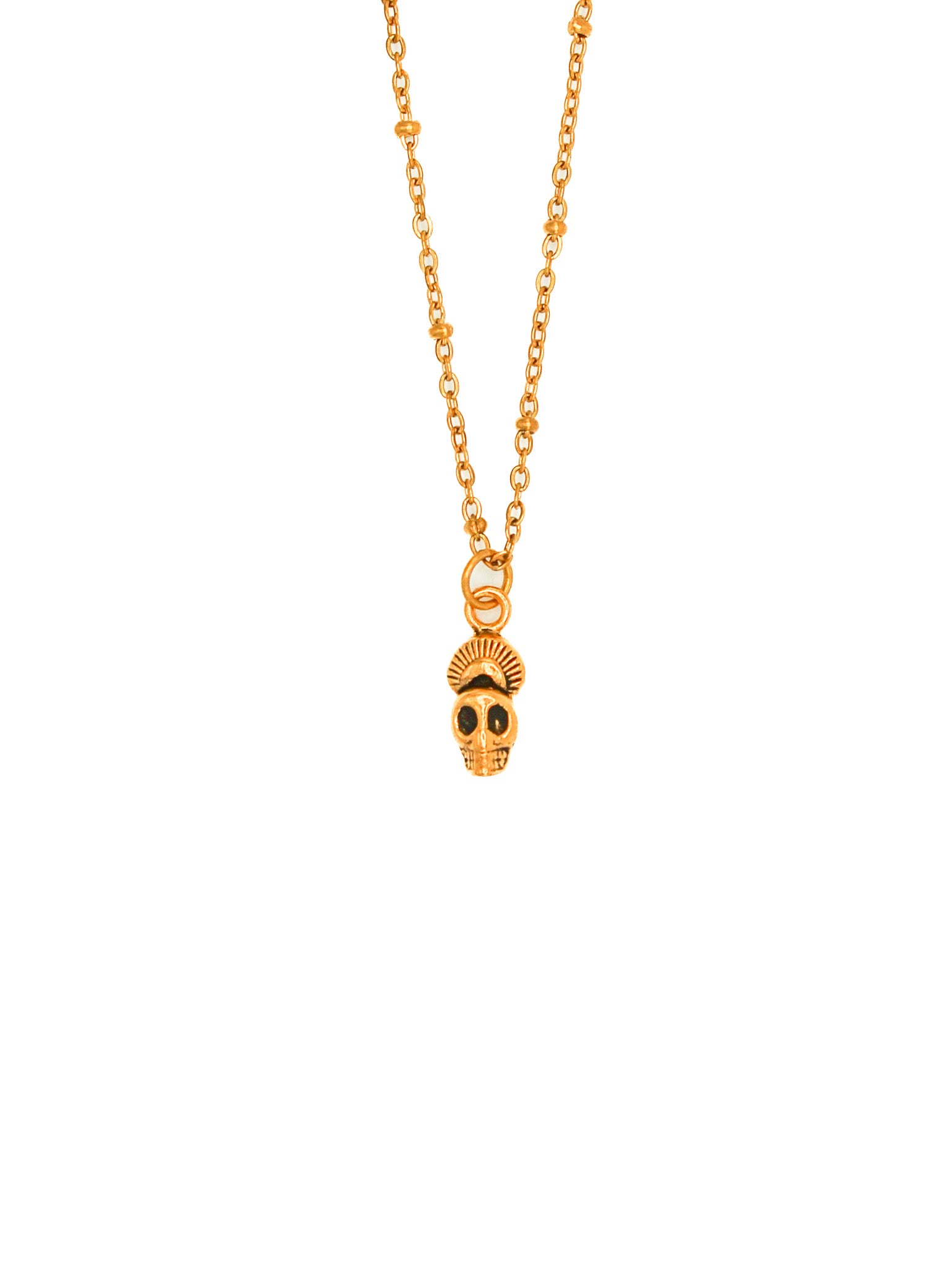 Gold necklace with a skull pendant on a white background