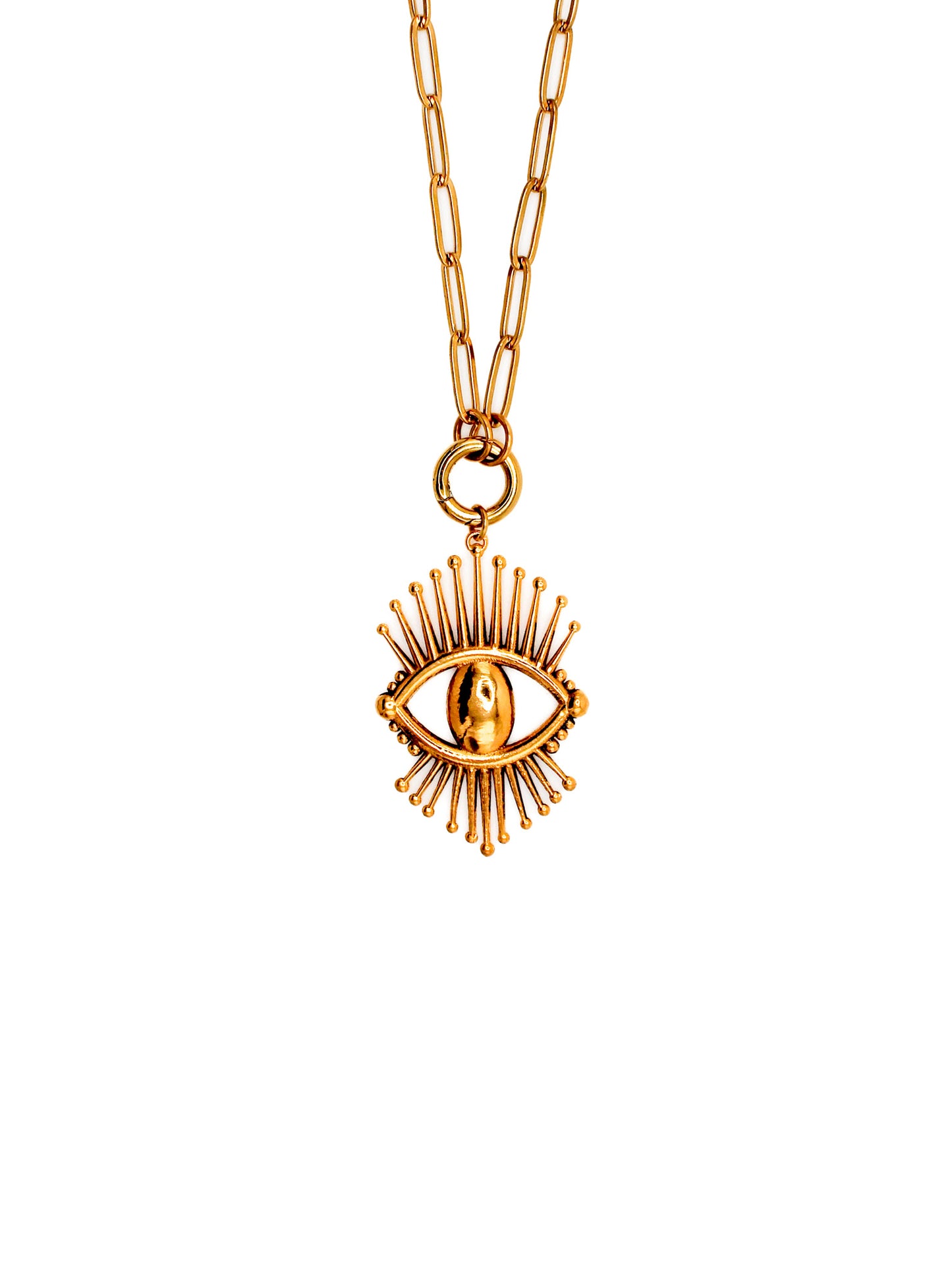 Gold necklace with an eye-shaped pendant on a white background