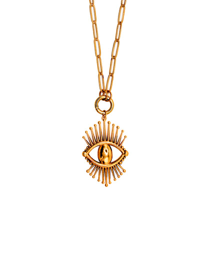 Gold necklace with an eye-shaped pendant on a white background