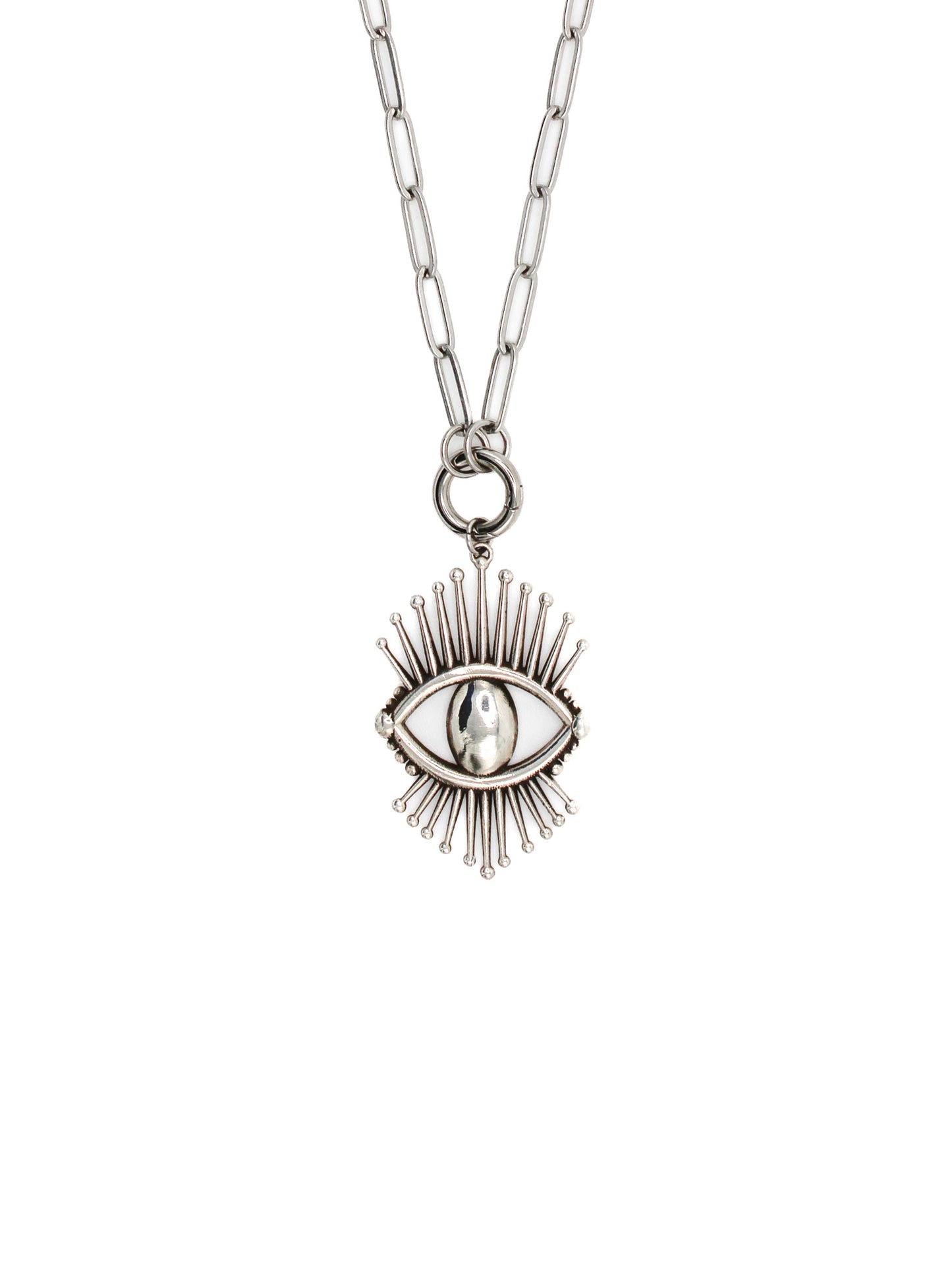 Silver necklace with an eye-shaped pendant on a white background