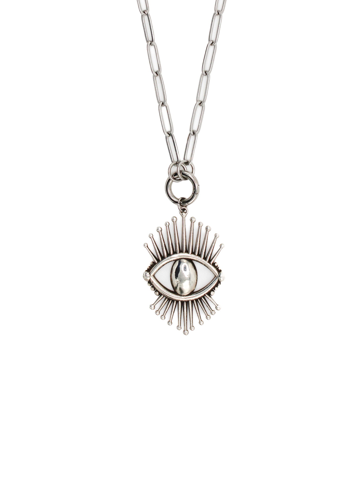 Silver necklace with an eye-shaped pendant on a white background