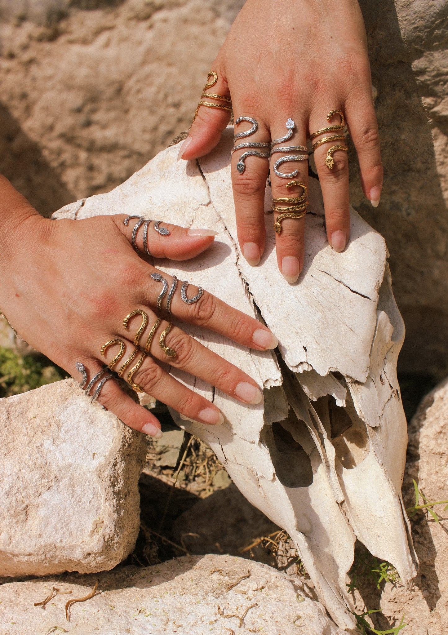 Close-up of hands with multiple rings on a skull against a stone wall.