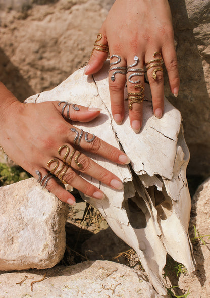 Close-up of hands with multiple rings on a skull against a stone wall.